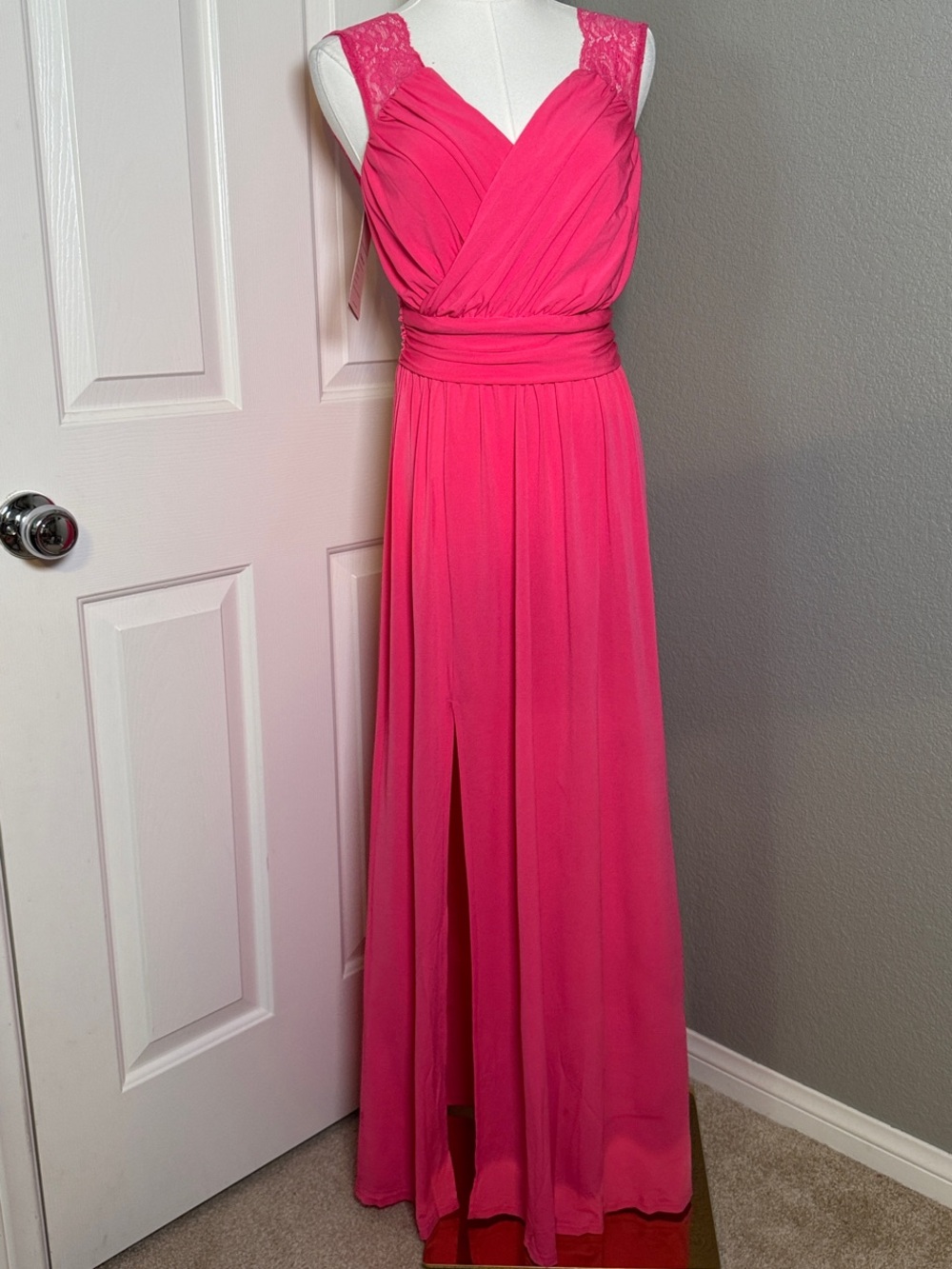 Fuchsia Lace-Shoulder V-Neck Maxi Dress